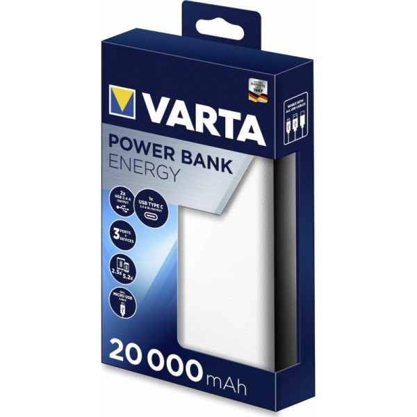 Varta Energy Power Bank 20000mAh με 2 Θύρες USB-A και Θύρα USB-C Λευκό